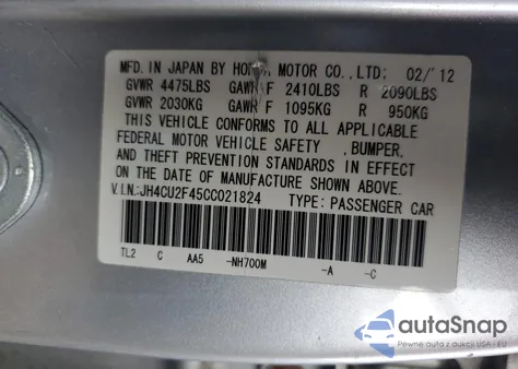 2012 Acura Tsx z USA, uszkodzony, nr VIN JH4CU2F45CC021824